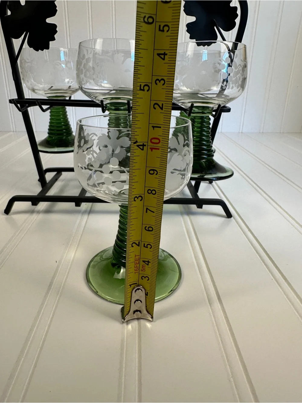 Vintage Roemer Green Beehive Stem Wine Glasses Set of 6 with Wrought Iron Caddy